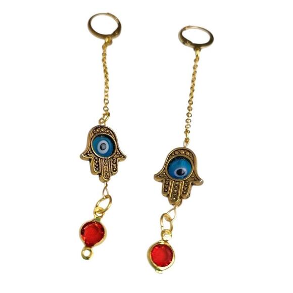Hamsa Hand Blue Glass Eye 18k Gold Plated Red Faceted Zircon Earrings - Picture 1 of 2